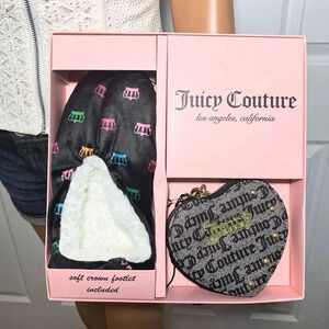 Juicy Couture Logo Print Heart Wristlet Bag & Crown Print Slippers Footies Set